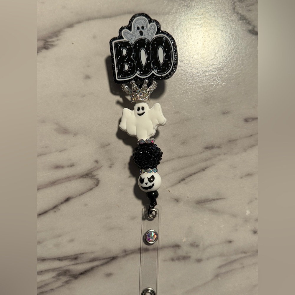 Handmade Halloween Boo Ghost Badge Reel ID holder Alligator Swivel Clip
